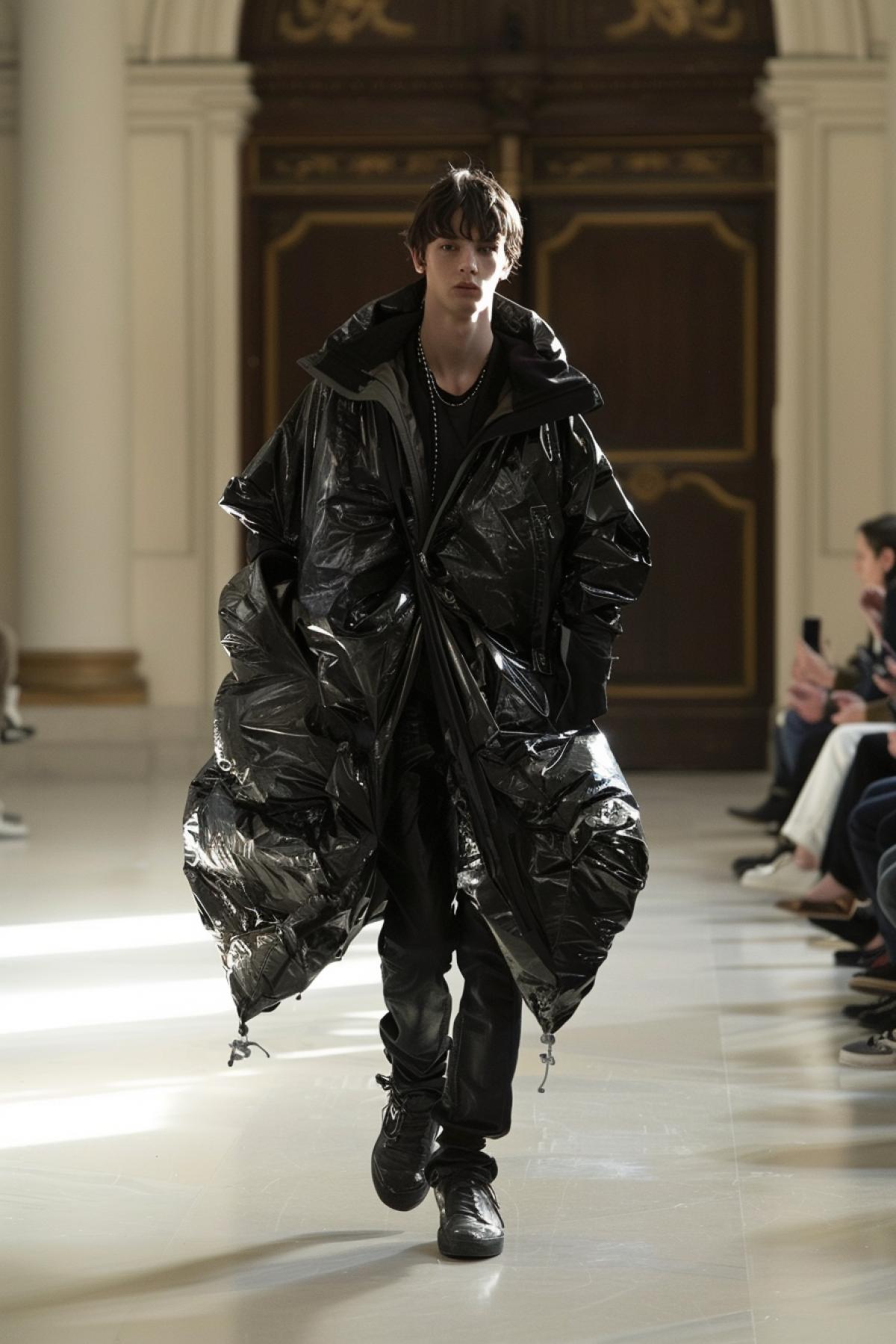 A man goes on a catwalk in a jacket from a garbage bag
