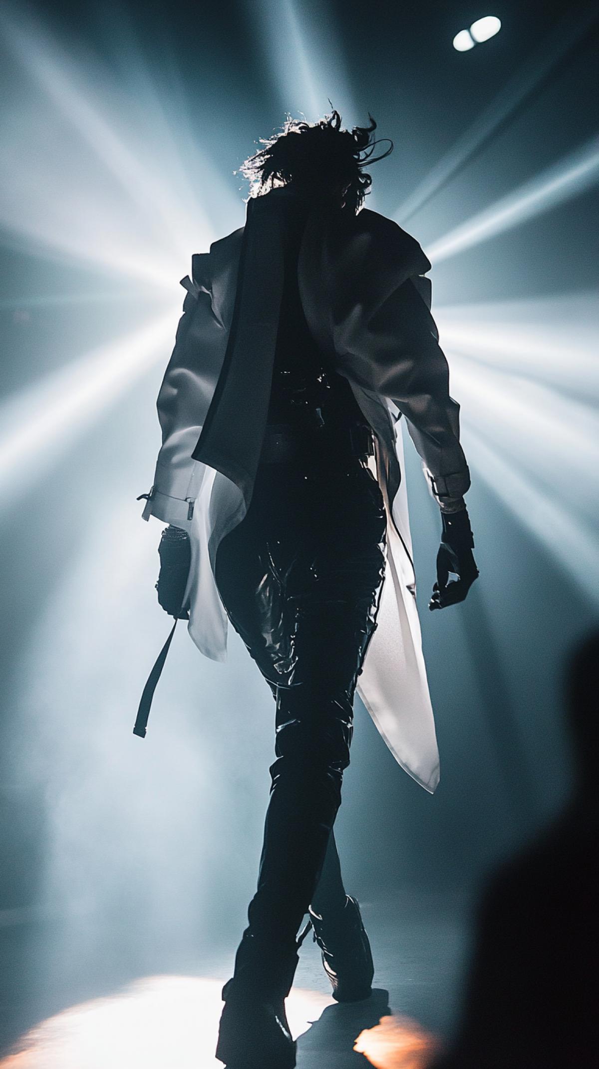 Avant-garde fashion show, futuristic designs, strong backlighting, Nikon D850, 24mm lens, high contrast, dramatic shadows. zoom 1.2