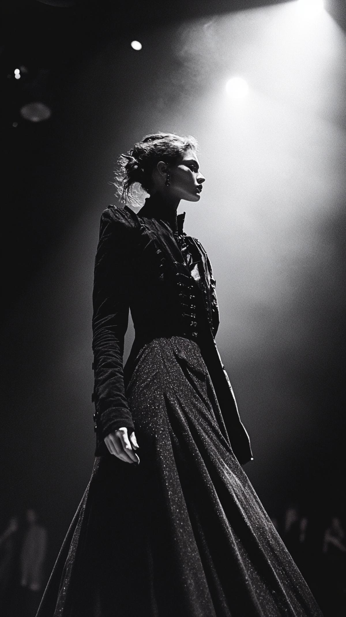 Dark and moody fashion show, gothic inspired clothing, low key lighting, Olympus OM-1, 28mm lens, high contrast, film grain. style 4a
