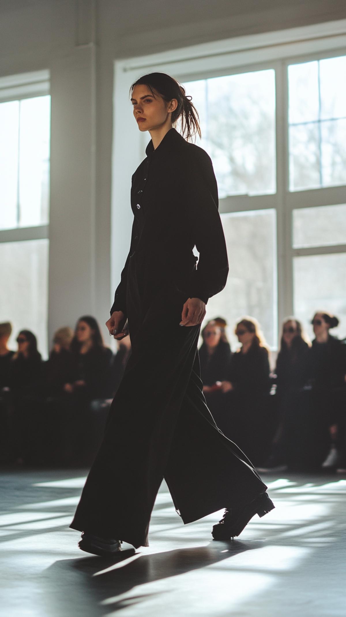 Fashion show, model walking confidently, natural light from large windows, full , 28mm lens, candid feel, style raw
