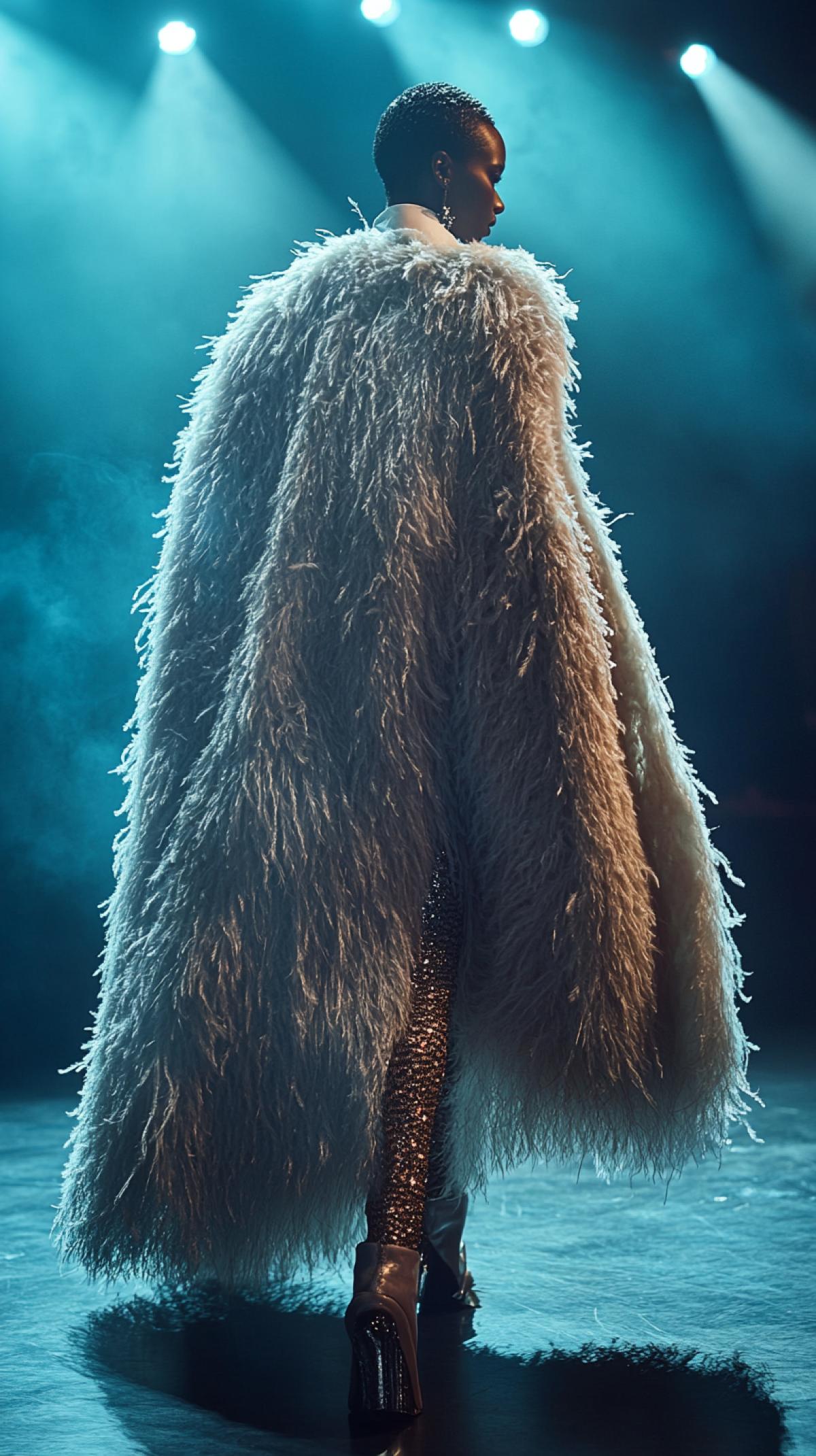 High fashion runway, dramatic 4k, model in a feathered cape, spot lighting, full , 85mm lens, style expressive
