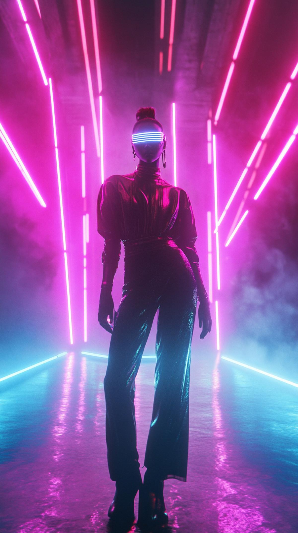 Futuristic fashion show, ultra-wide lens, bright neon lights, geometric shapes, cyberpunk models, dynamic com4k, style 4a