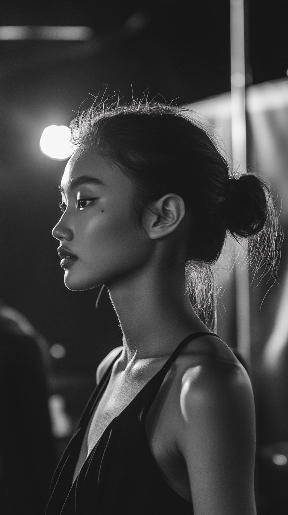 Fashion show backstage, model preparing, candid shot, natural lighting, full , 35mm lens, documentary style, style expressive