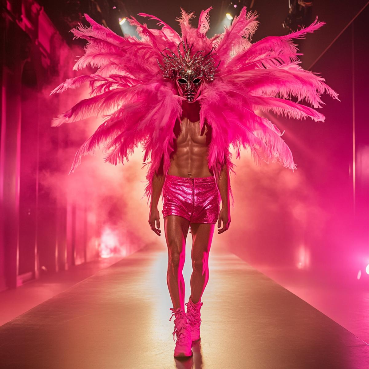 Fashion show. The man is thin on the podium in pink female s, in a short top, in pink female shoes, a mask in front of his eyes with feathers and rhinestones. There is a lot of light in the hall. High detail shocking man