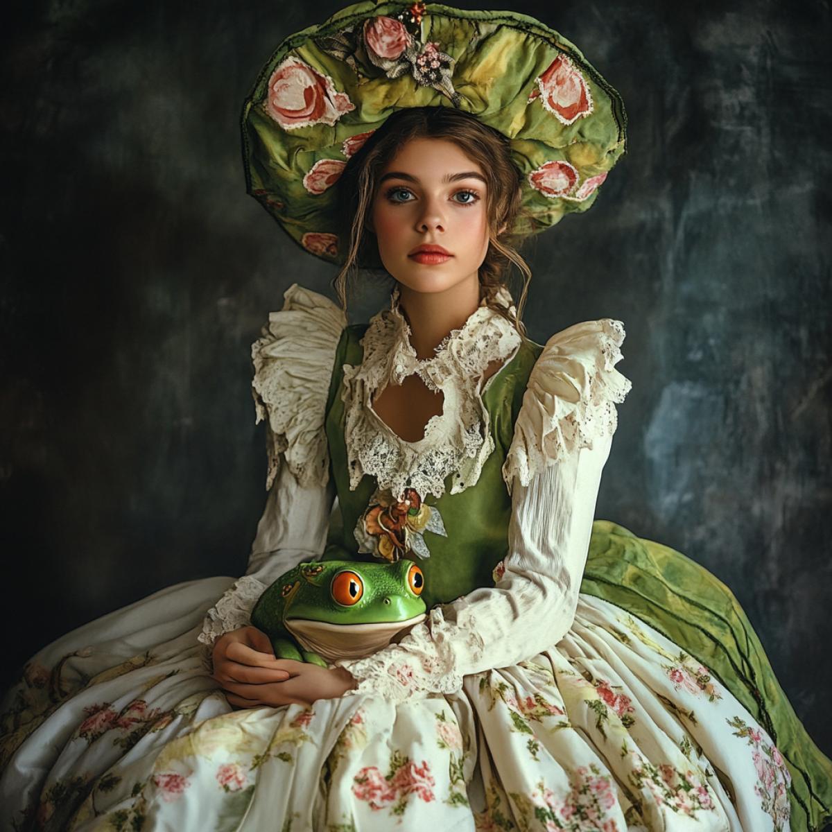 Model in a sweet dress in the style of frog