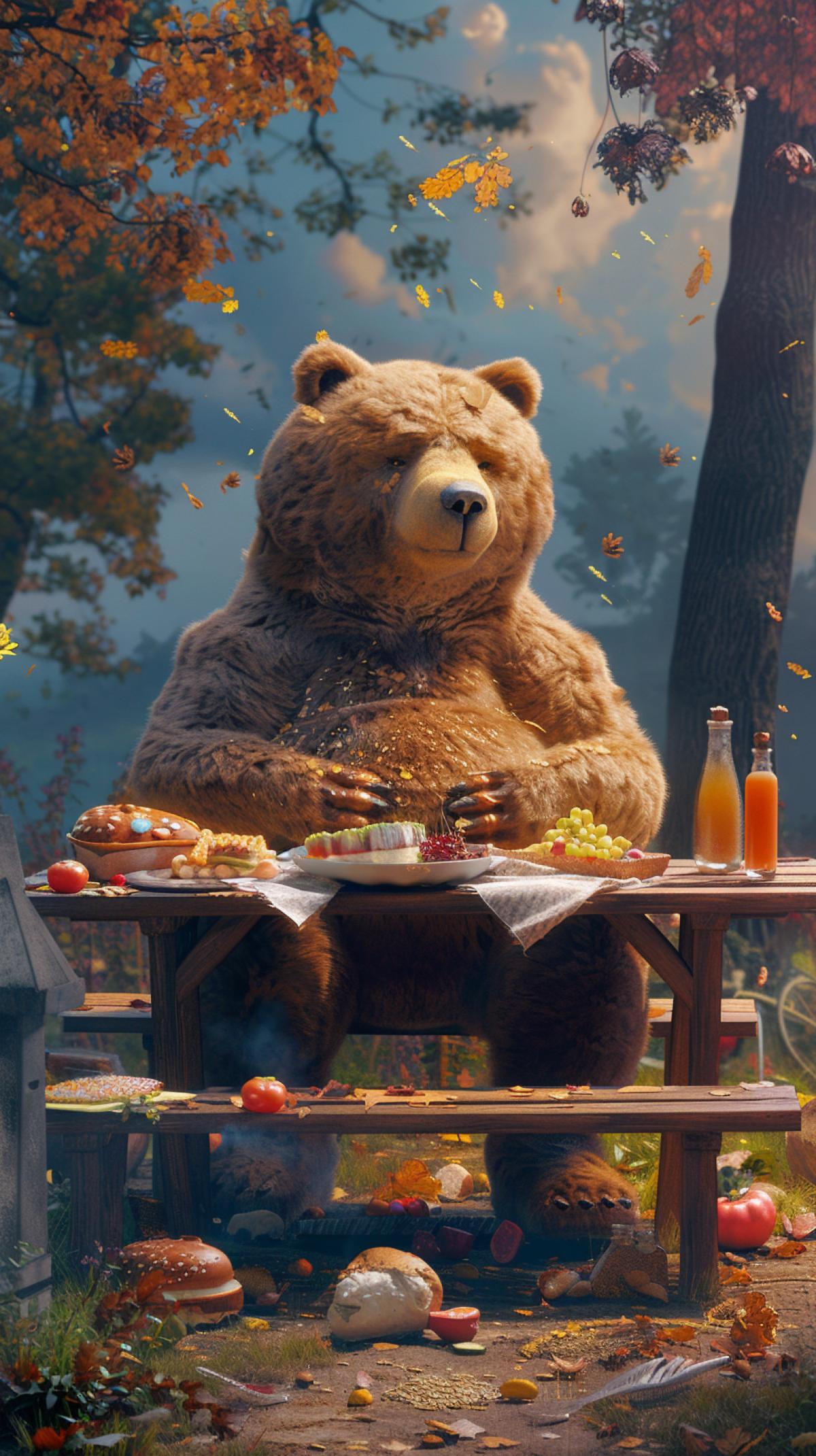 Bear with obesity sits on a bench at the table full of food