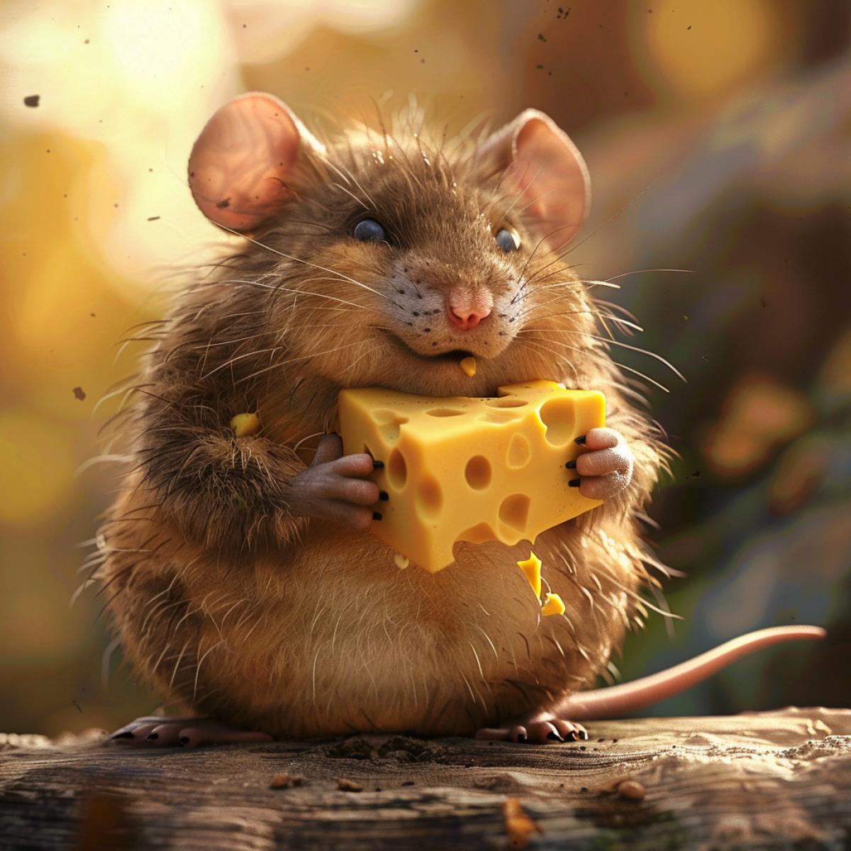 Mouse with a full, bloated belly eats cheese