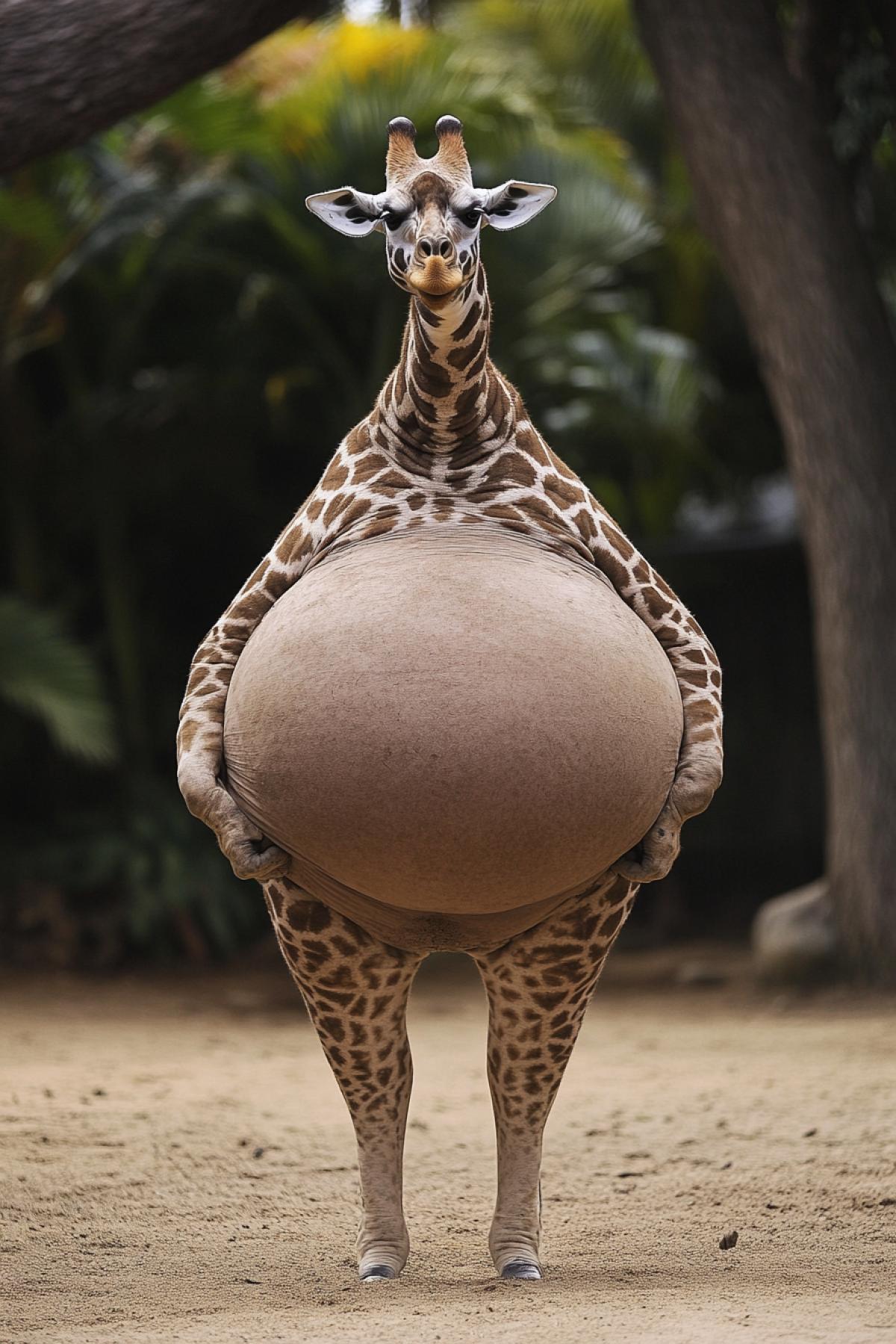 An animal, with a big belly and looks very funny and funny, for example, a thick monkey or giraffe that are in the jungle