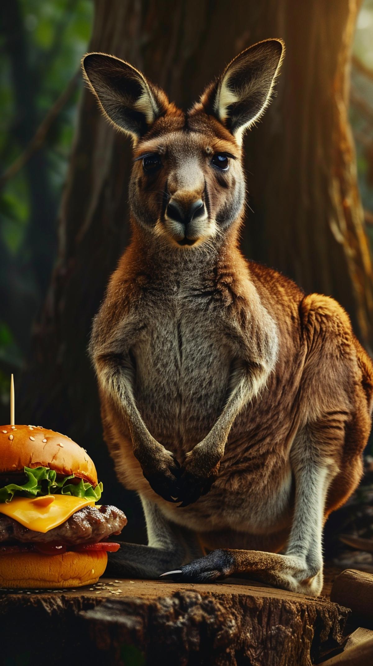 Fat kangaroo sits on the tail, in the hands of a burger and a large stake, an epic 4k