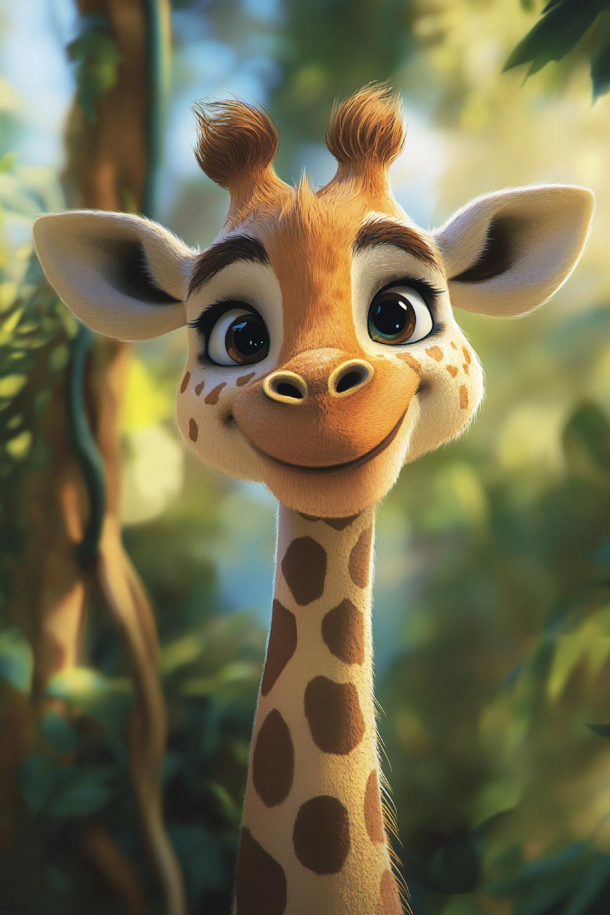 Create an animal, for example, giraffe, lion, panda, thick and wellfed who eat food in the jungle, cute