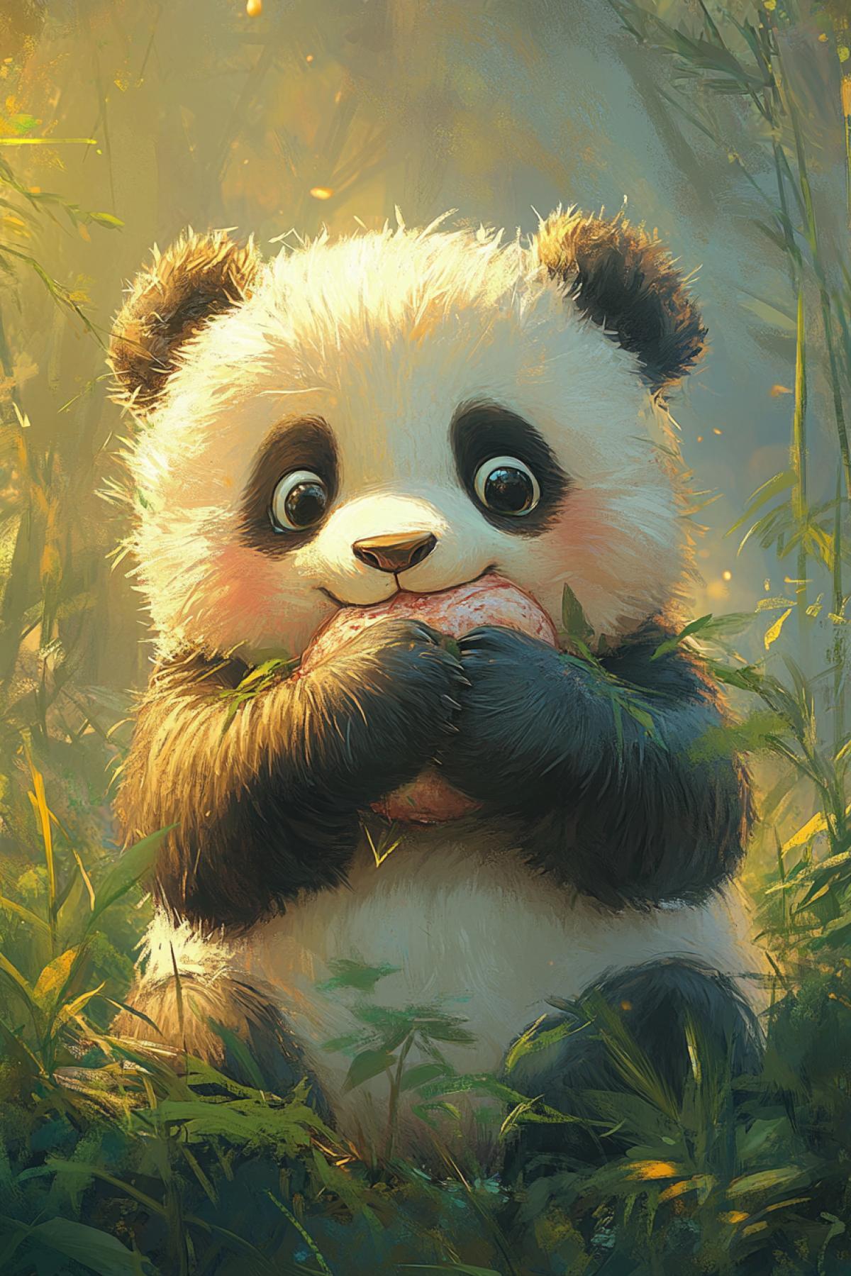 Create an animal, for example, a lion, panda, chubby, which eat meat in the jungle, cute