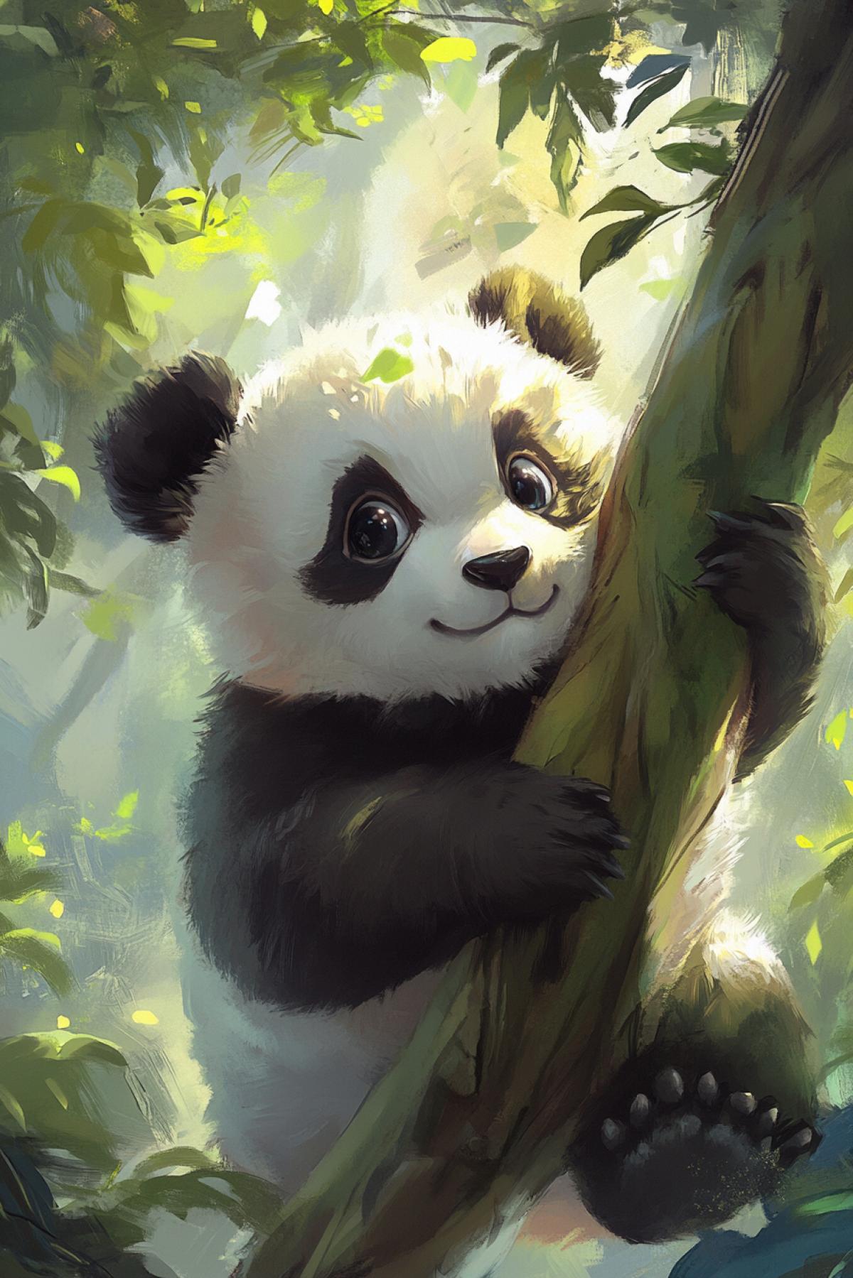 Create an animal, for example, a lion, panda, chubby, which eat meat in the jungle, cute