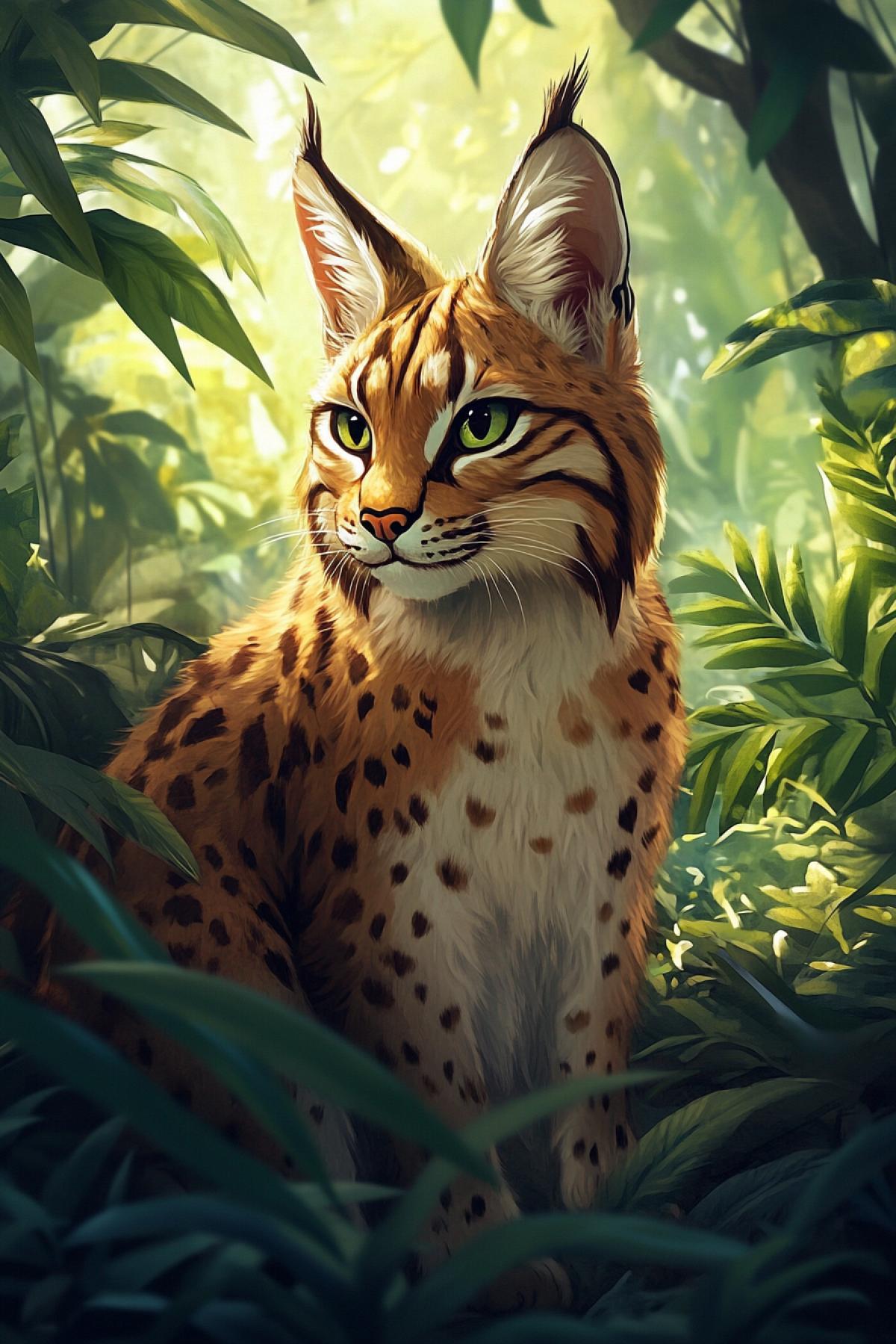 Create an animal, for example, a hare, a lynx, chubby, with large belly in the jungle, cute