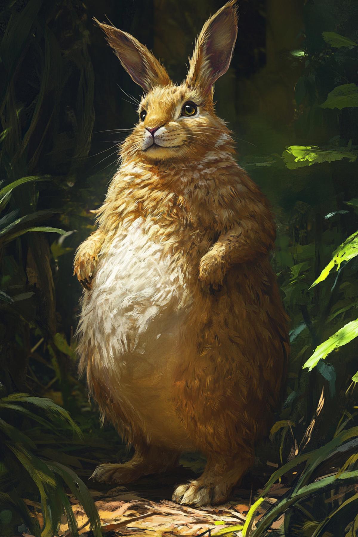 Create an animal, for example, a hare, a lynx, chubby, with large belly in the jungle, cute