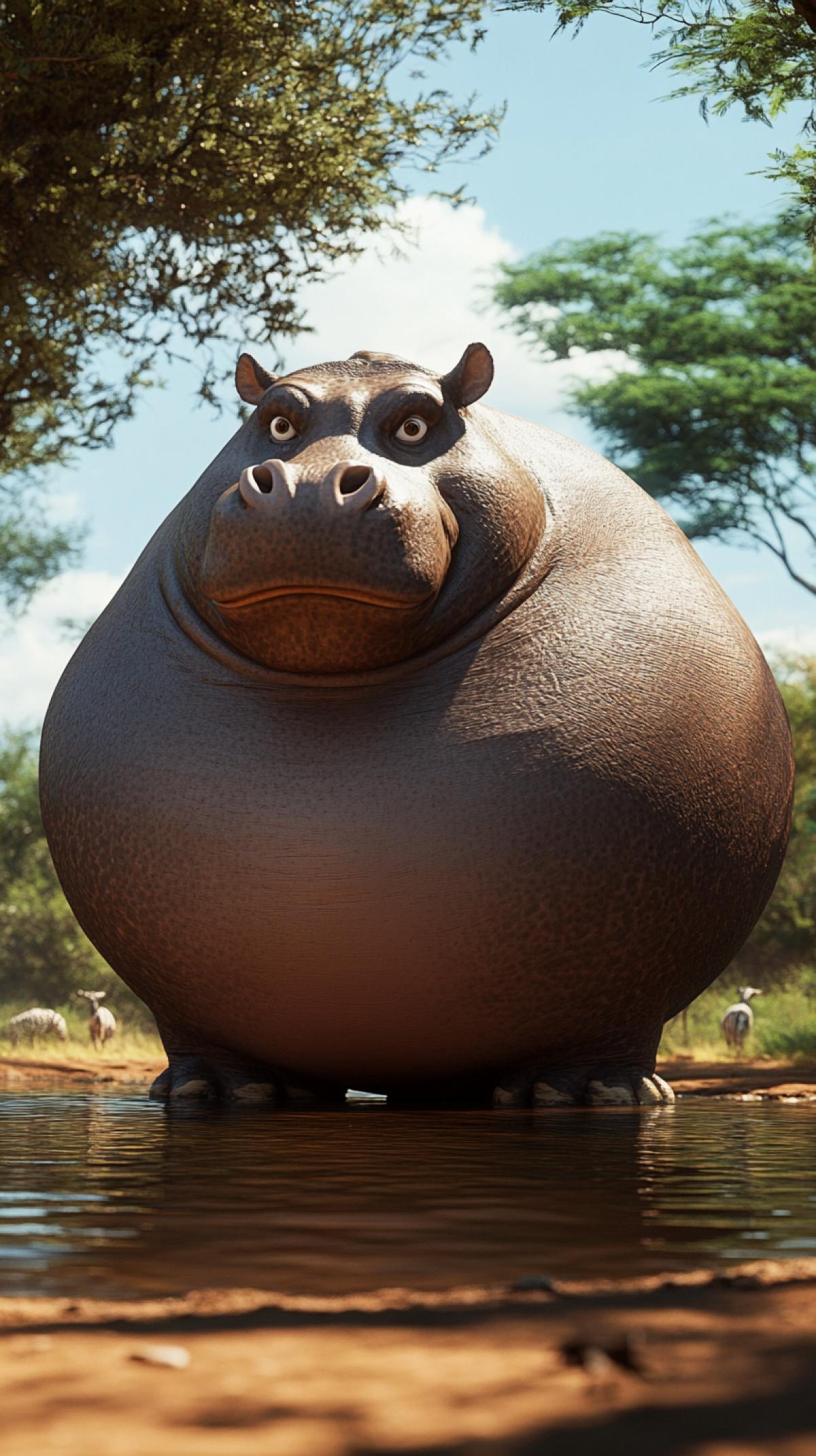 A very fat, spherical, big zeluxury at a watering hole in Africa, as in the short cartoon company RollinWild