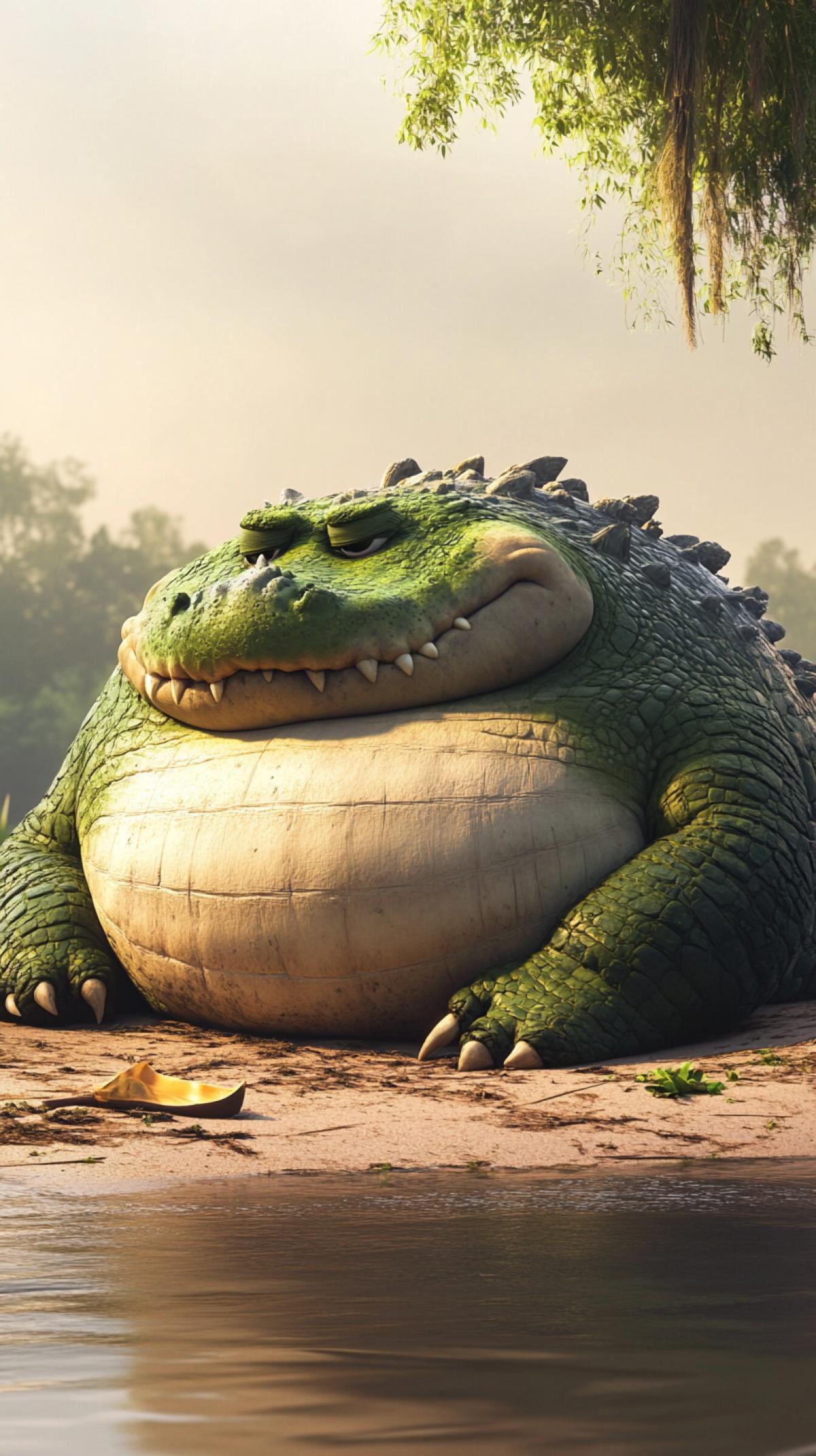 a very fat, spherical, big crocodile, sleeping on the shore, full-length, Pixar