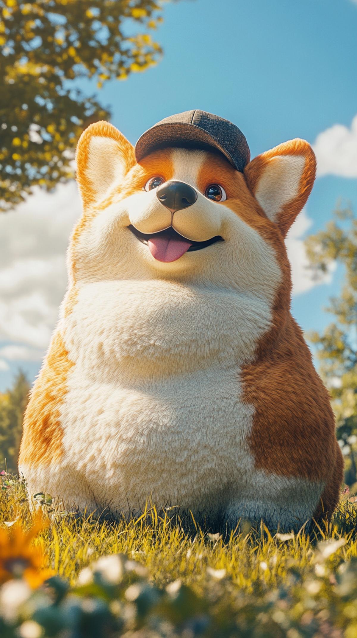 a very fat, huge, contented-looking corgi in a tiny cap, full-length, in a park, hyper-realistic, octane rendering