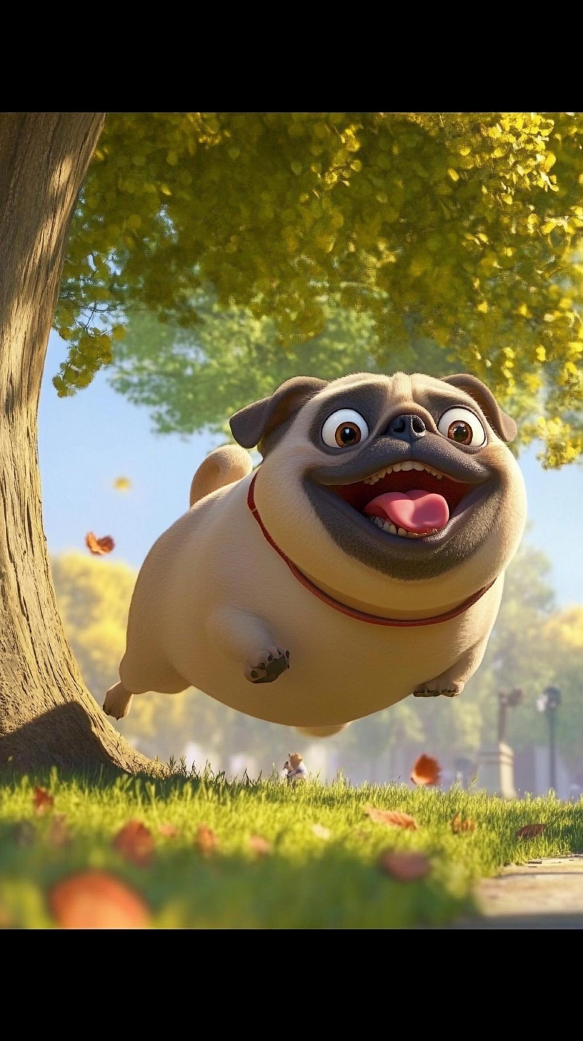 Very chubby, round and very cute pug with an open mouth, sticking out his tongue, runs in the park next to the tree, in the Pixar style.