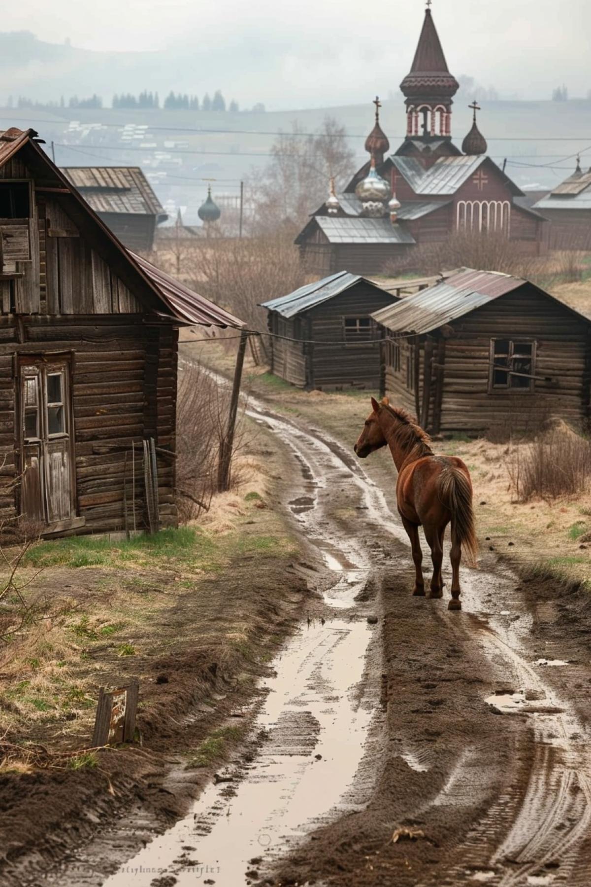On the sides of wooden huts with the church, in the middle, the road with pits, on the road of a horse