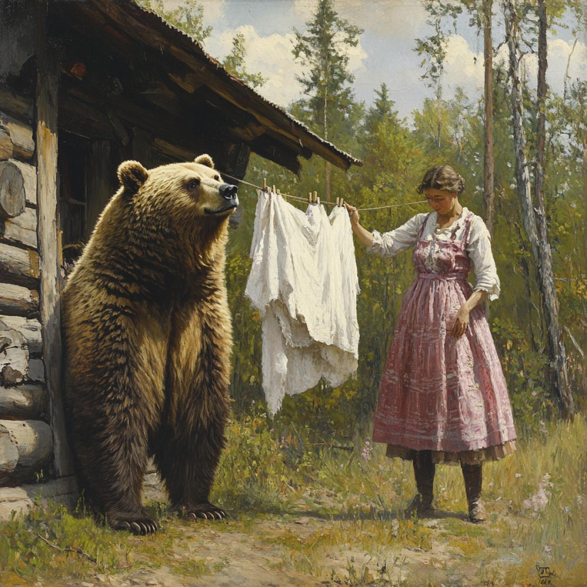 In the Russian wilderness, the bear near his house hung the linen from the pelvis to the rope, but the woman with a rocking rod came and this woman was looking displeased by his wife and the bear is afraid of her, so she tries to hang the laundry faster