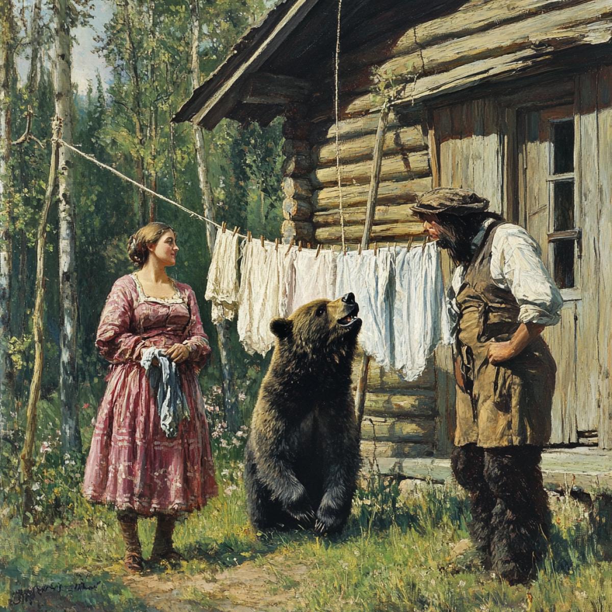 In the Russian wilderness, the bear near his house hung the linen from the pelvis to the rope, but the woman with a rocking rod came and this woman was looking displeased by his wife and the bear is afraid of her, so she tries to hang the laundry faster