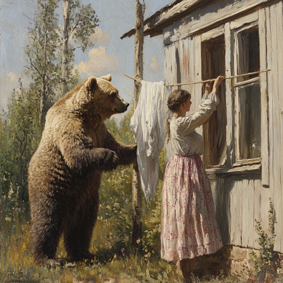 In the Russian wilderness, the bear near his house hung the linen from the pelvis to the rope, but the woman with a rocking rod came and this woman was looking displeased by his wife and the bear is afraid of her, so she tries to hang the laundry faster
