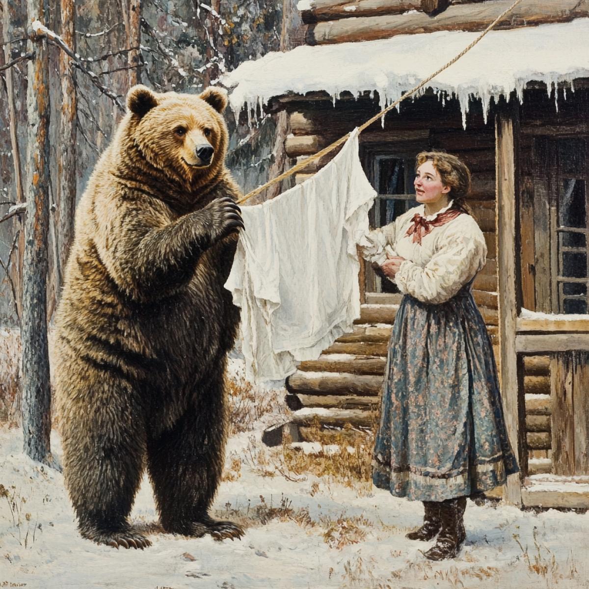 In the Russian wilderness, the bear near his house hung the linen from the pelvis to the rope, but the woman with a rocking rod came and this woman was looking displeased by his wife and the bear is afraid of her, so she tries to hang the laundry faster