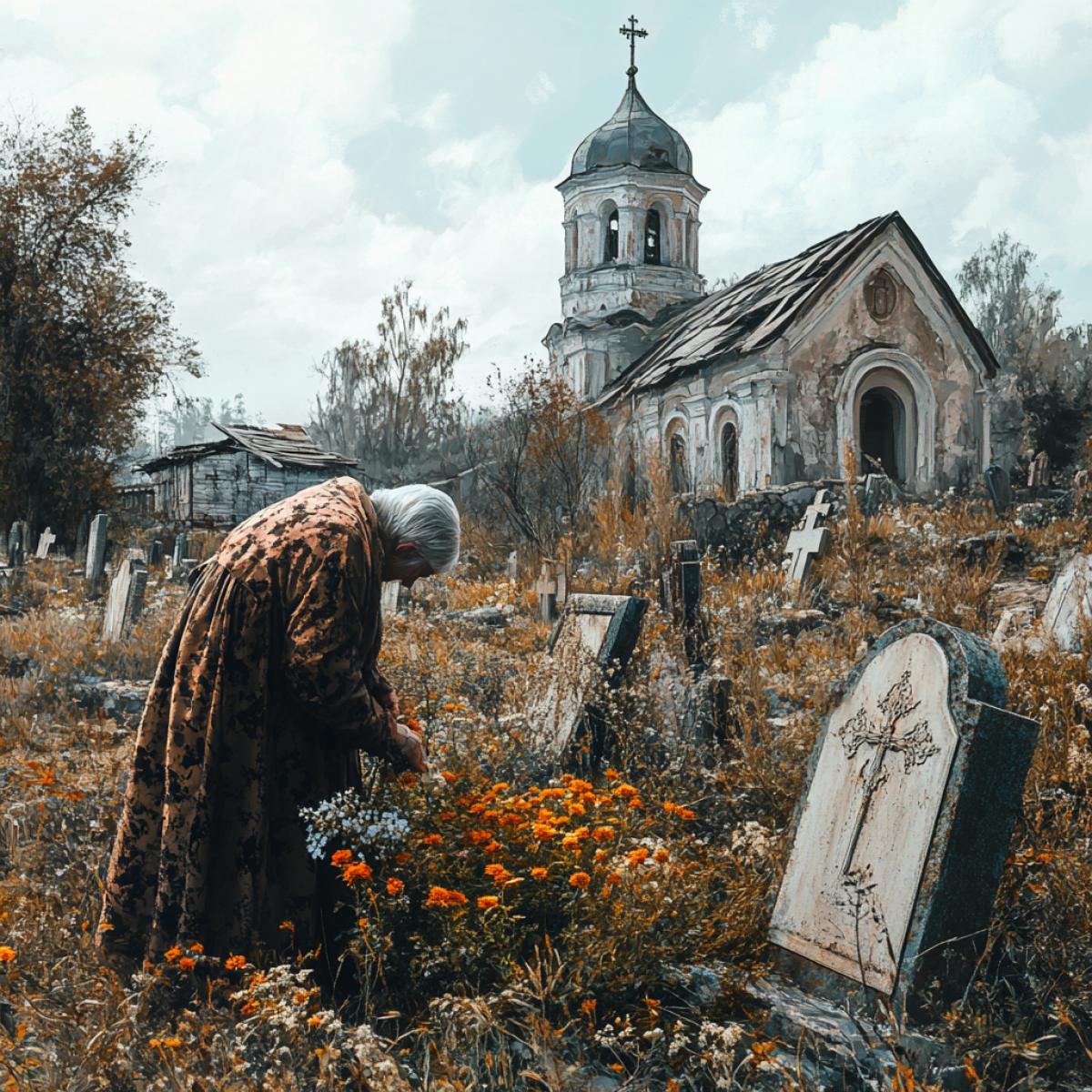 An abandoned Russian old cemetery against the backdrop of a destroyed church and a grandmother goes to clean the grave in the backdrop the old Russian village hyperrealism can be seen