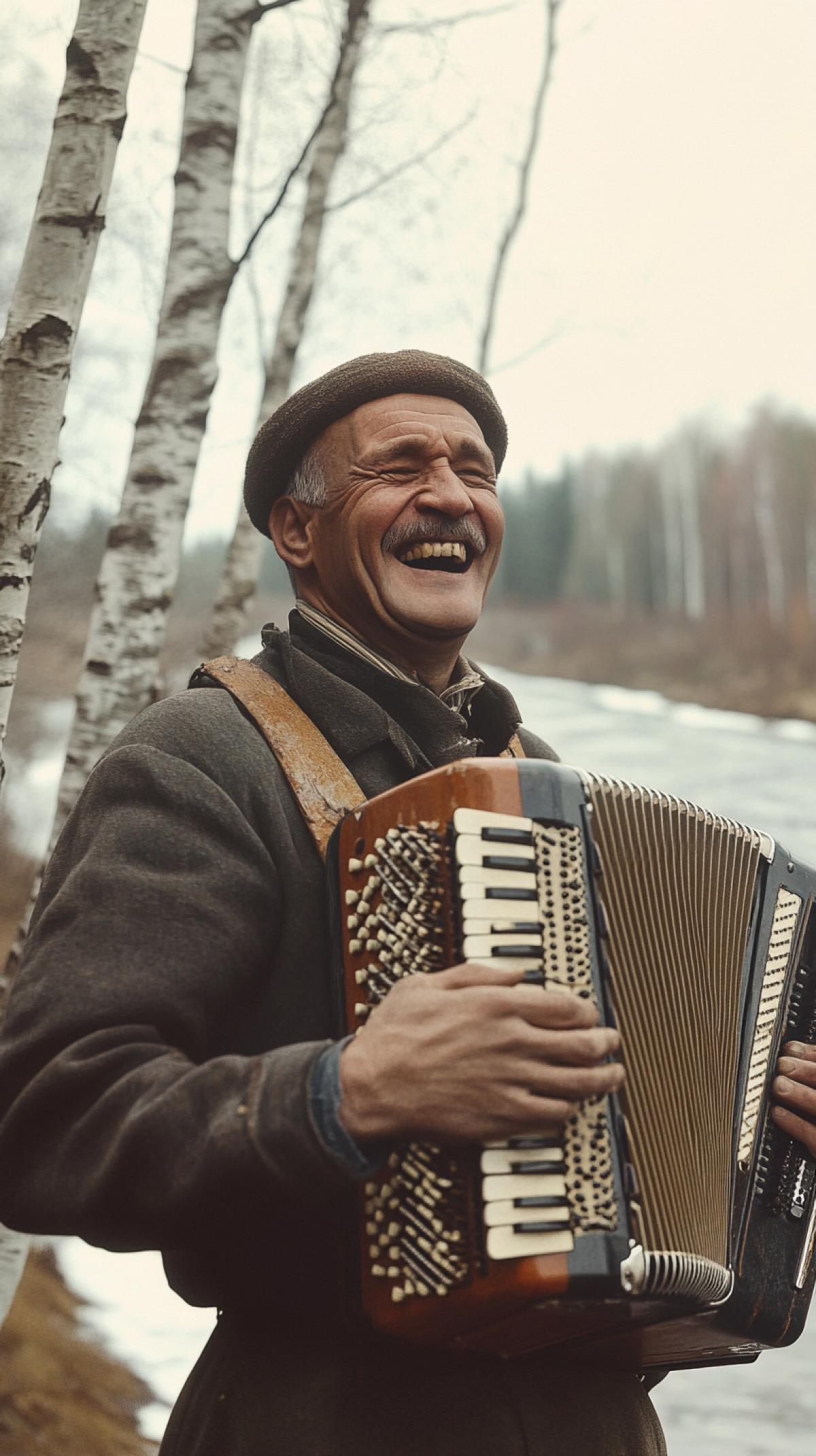Russian Russian men in a Russian village, one man playing the accordion and laughing, birch trees, wide river, high detail, photoshop