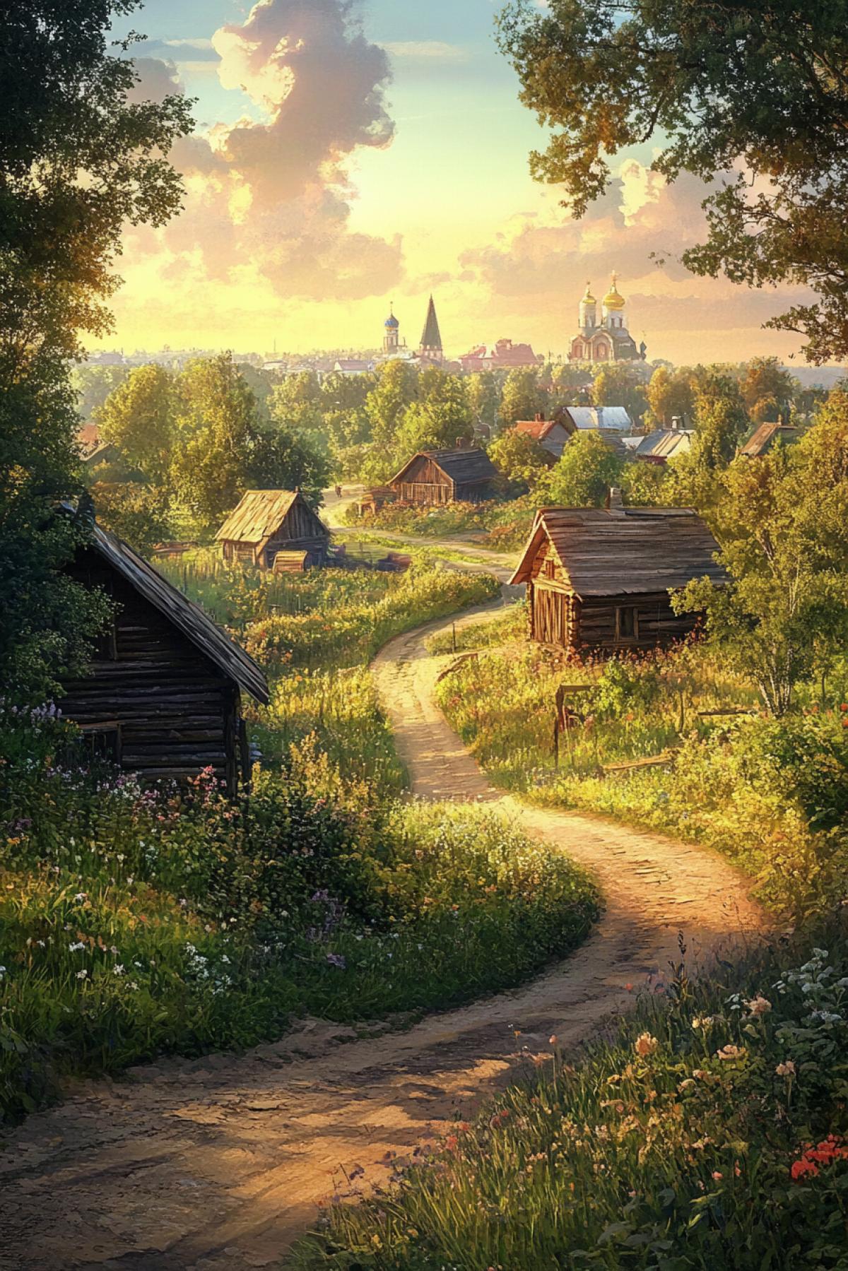 Image conveying the unique atmosphere of the traditional Russian village. Your work should display the charm of wooden huts, narrow streets, endless fields and mysterious forests, where every corner breathes the history and warmth of the hearth.