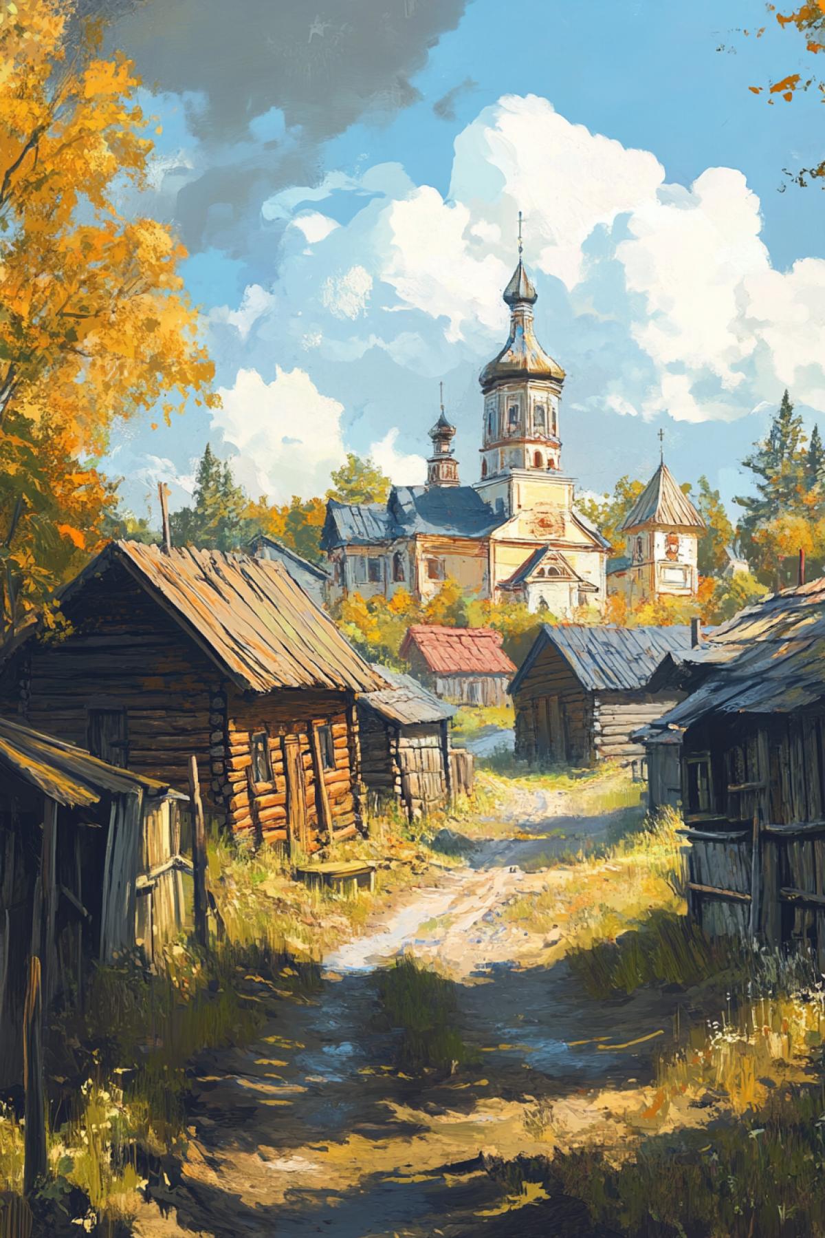 Image conveying the unique atmosphere of the traditional Russian village. Your work should display the charm of wooden huts, narrow streets, endless fields and mysterious forests, where every corner breathes the history and warmth of the hearth.