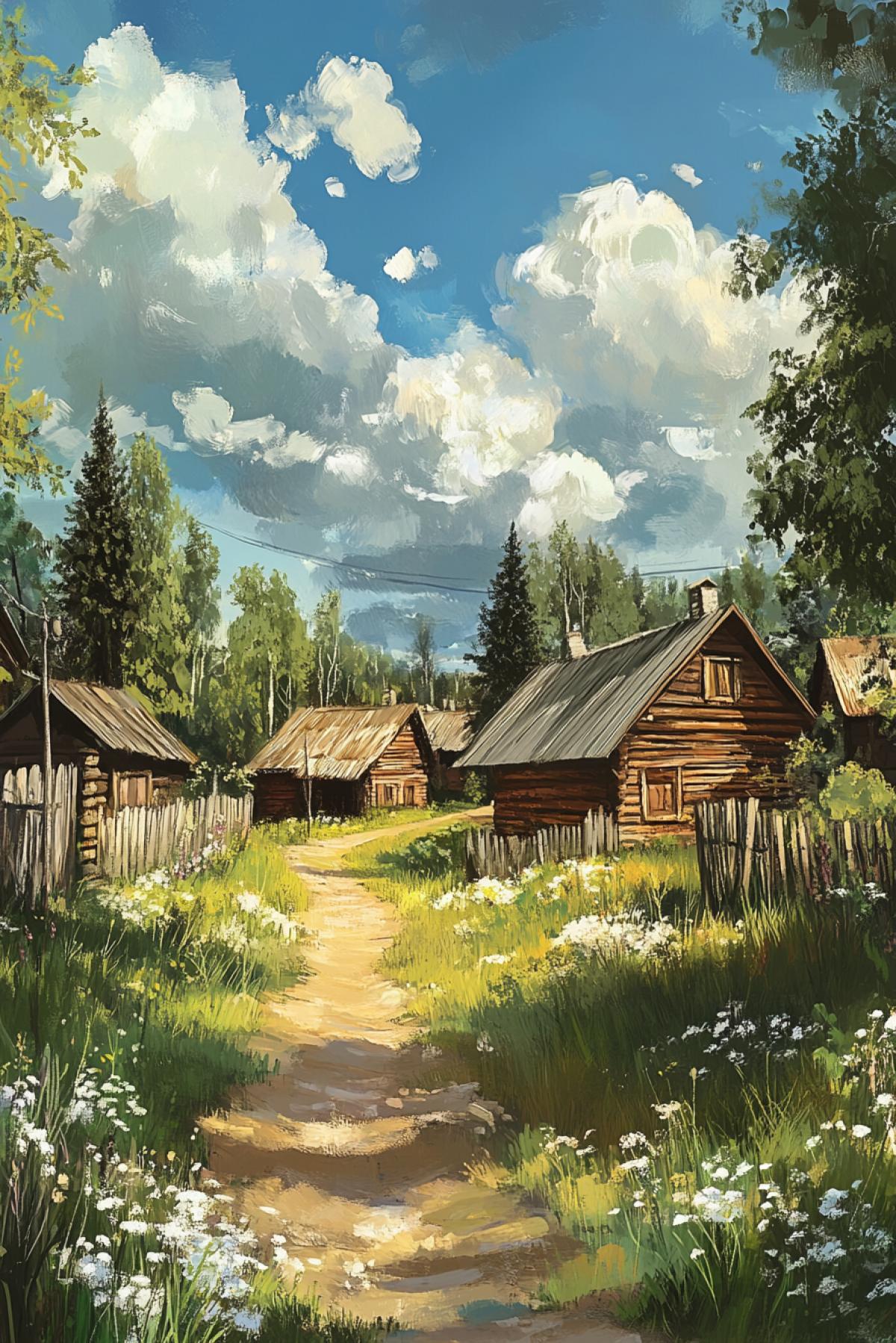 Image conveying the unique atmosphere of the traditional Russian village. Your work should display the charm of wooden huts, narrow streets, endless fields and mysterious forests, where every corner breathes the history and warmth of the hearth.