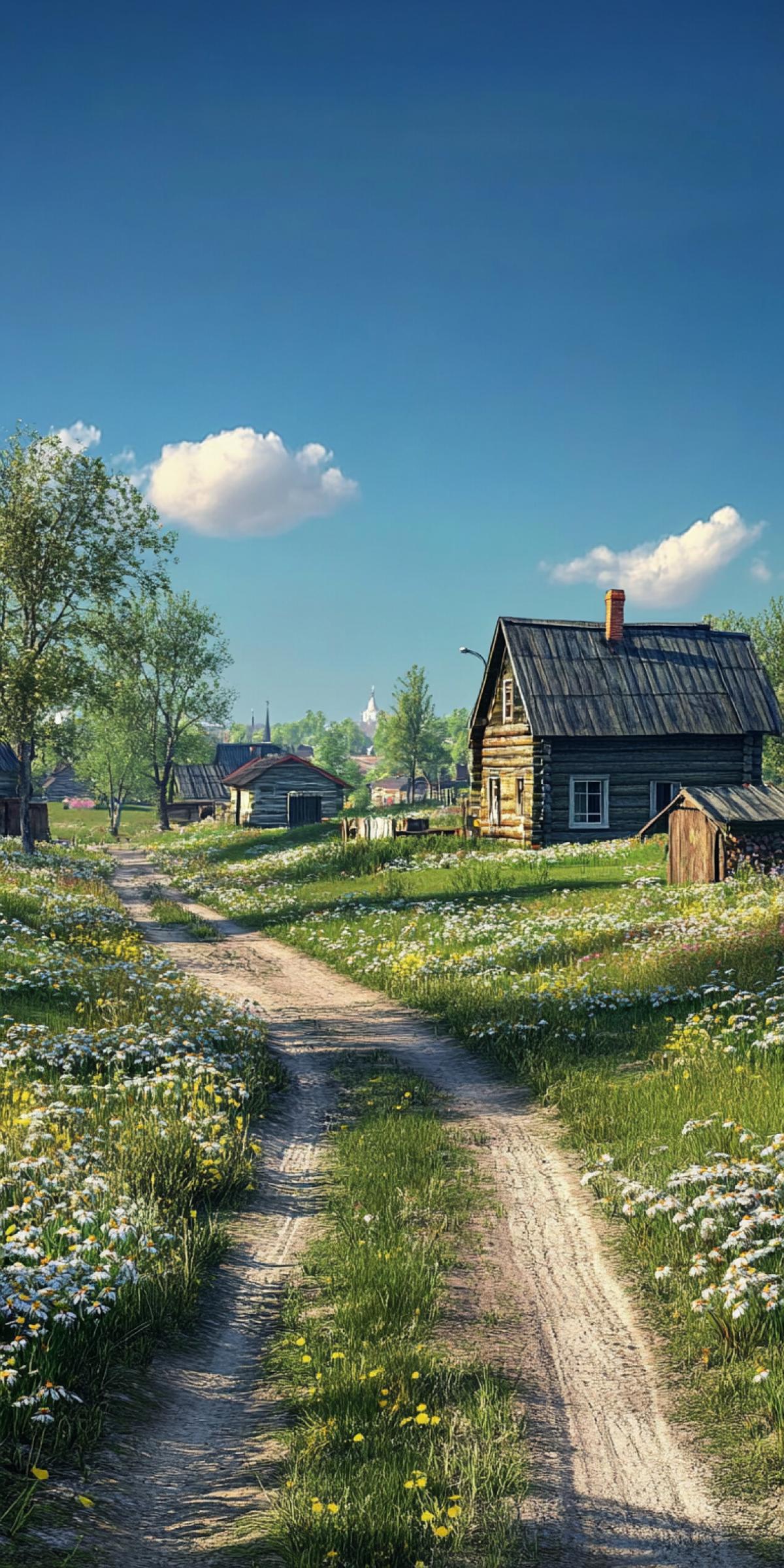 Tidy Russian village on a spring day, no trees in sight, just wide open space, flowering plants, green grass, and charming rural architecture, clean roads, serene and sunlit with no direct sun visible, cloudless sky, high realism, v 6 style raw