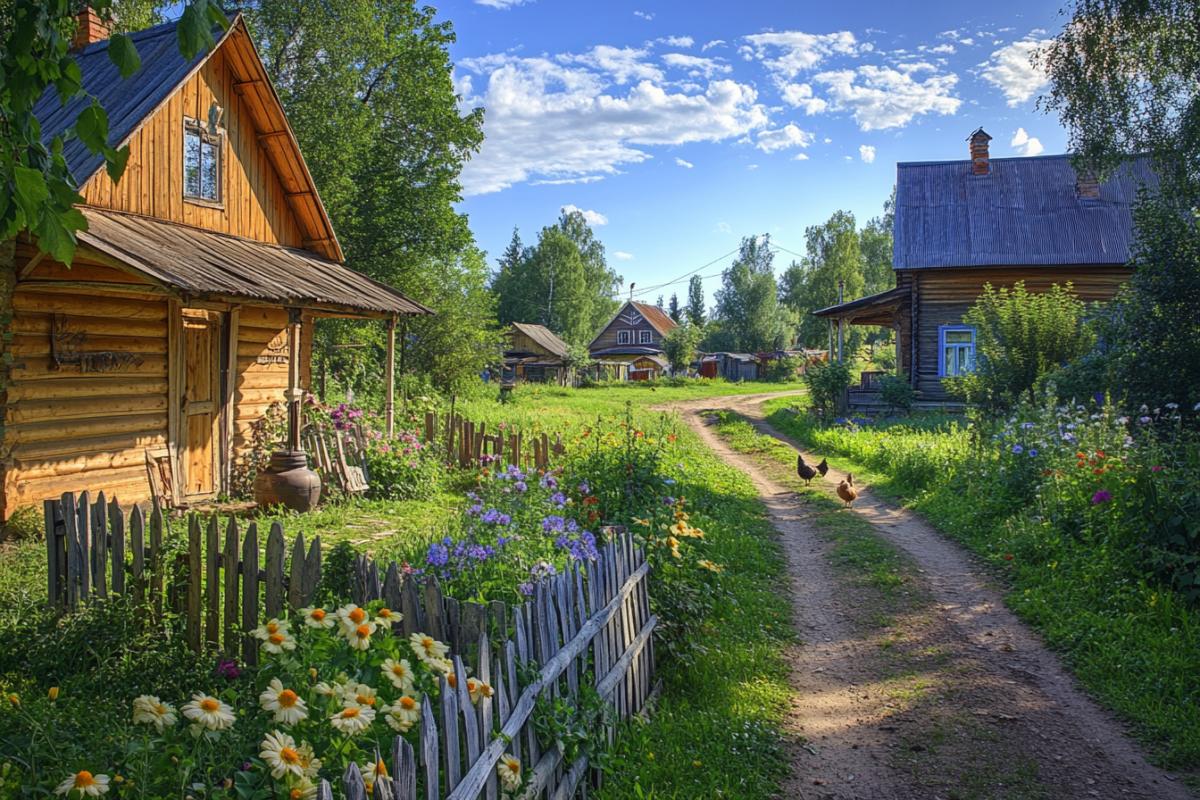 A tranquil morning in a Russian provincial village, soft golden light over quiet wooden houses, a samovar steaming on a wooden porch, flowers blooming along the fence, a dirt road leading into the open fields, chickens pecking near the gate, no large trees, vast clear blue sky, peaceful atmosphere, breathtaking and warm, v 6 ar 3:2 style raw