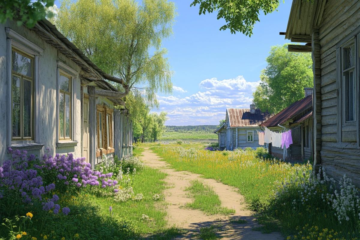 A sunlit Russian village during peak spring, bright green grass, lilacs in bloom, fresh linen fluttering on a clothesline, tidy cottages with carved window frames, no large trees in view, blue sky without clouds, pure rural beauty, emotionally uplifting and poetic style raw