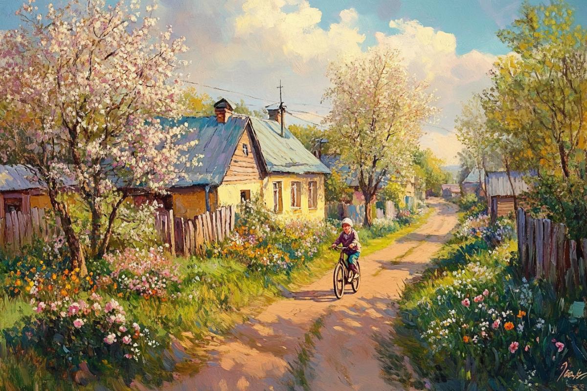 A vibrant Russian countryside scene, a grandmother watering her flower garden, a boy riding an old bicycle down a quiet lane, well-kept village homes painted in soft colors, small apple trees blooming in the background, no big trees in the foreground, golden sunlight, calm joy