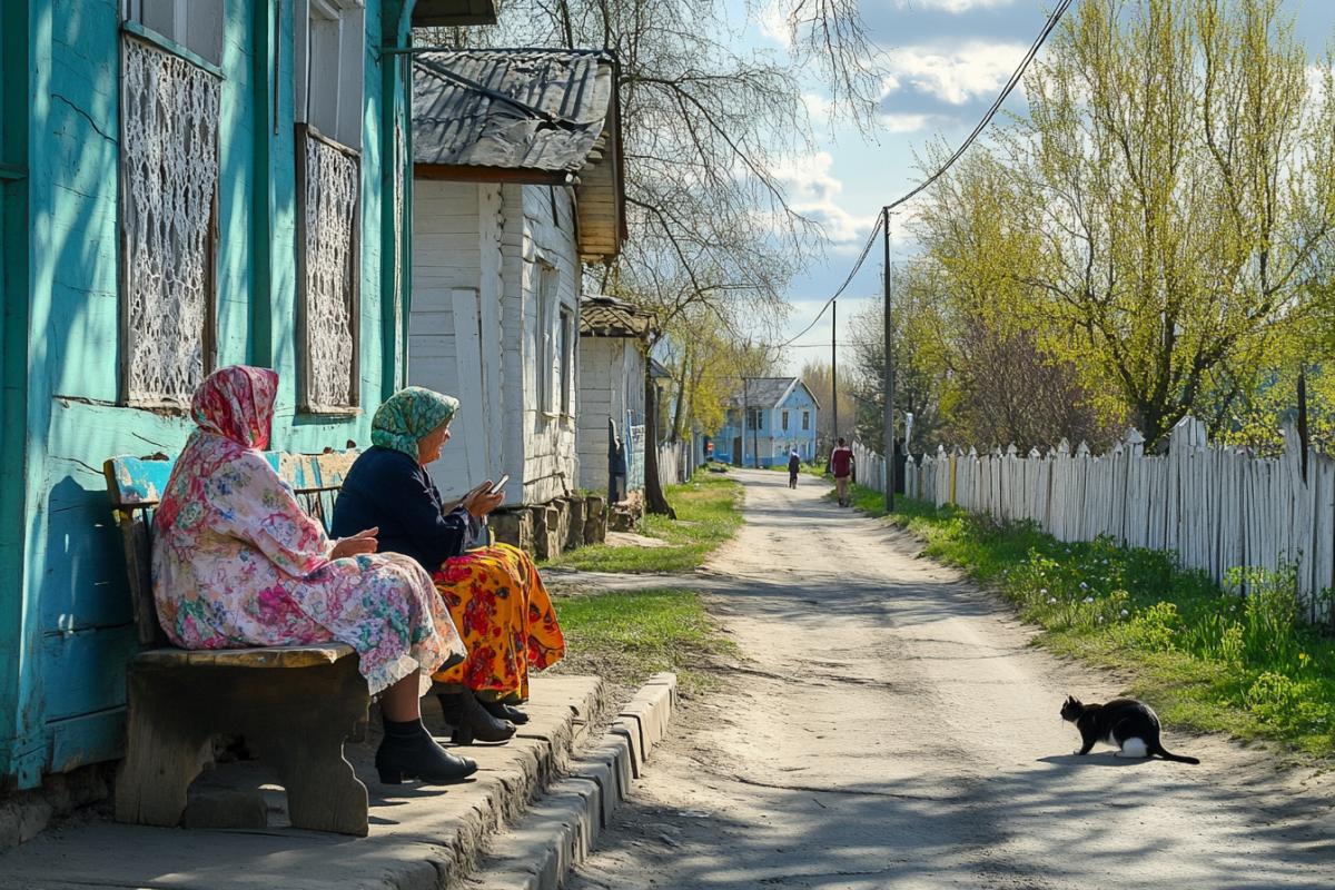 An artistic view of a Russian village center, bright spring day, local women chatting by a painted wooden bench, colorful headscarves, clean streets, whitewashed houses with lace curtains, cats sun near a fence, no tall trees in the scene, atmosphere full of life and warmth