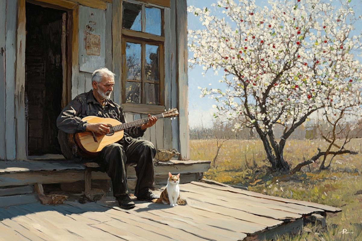A quiet sunny afternoon in a provincial village of central Russia, an elderly man sits on the porch with a balalaika, a cat sprawled at his feet, blooming apple tree far in the background, clean swept yard, warm wood textures, no large trees in sight, peaceful timeless beauty