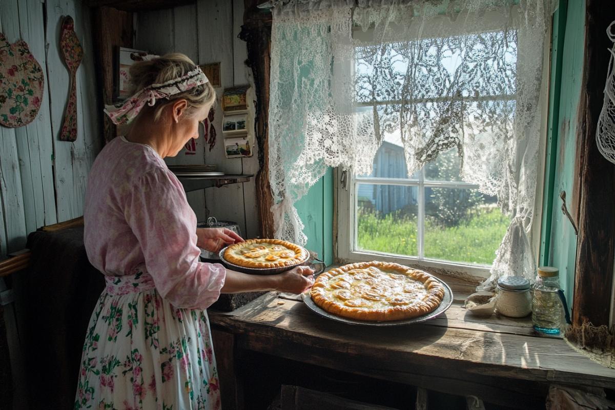 Inside a cozy Russian izba in the heart of the Vladimir region, a woman takes fresh pies out of the oven, embroidered towels on the walls, light streaming through lace-curtained windows, outside a glimpse of a neat green yard, deep rural atmosphere, full of warmth and life