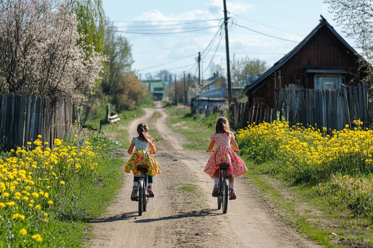 A rural dirt road in Vladimir oblast during peak spring, two girls in colorful dresses riding bicycles past freshly painted fences and wooden homes, blooming dandelions along the road, low bushes and open space, no large trees nearby, sky perfectly clear, joyous and nostalgic scene