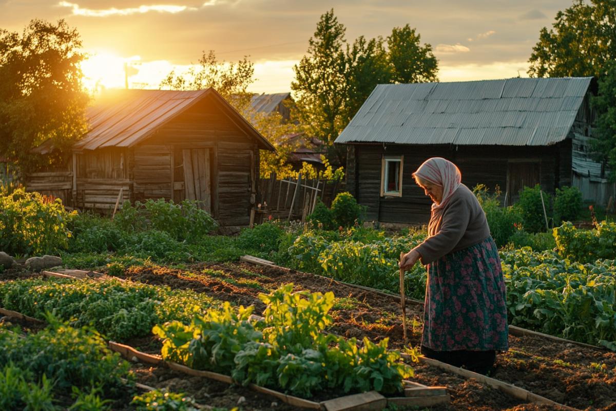 Early evening in a village garden, an elderly woman in a headscarf tending neat rows of vegetables, wooden shed and tidy house nearby, warm sunset light, no tall trees nearby, open air and fertile land of central Russia, mood of care, work, and love for the earth