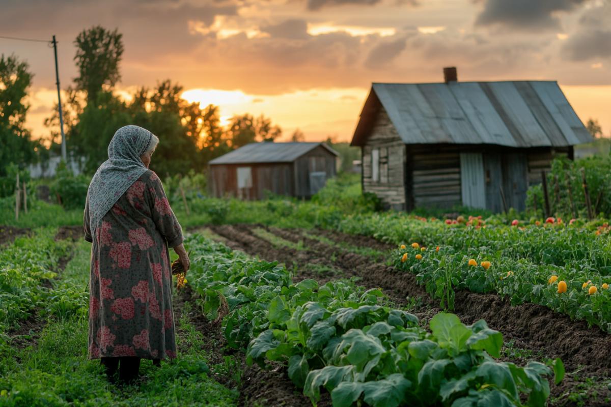 Early evening in a village garden, an elderly woman in a headscarf tending neat rows of vegetables, wooden shed and tidy house nearby, warm sunset light, no tall trees nearby, open air and fertile land of central Russia, mood of care, work, and love for the earth