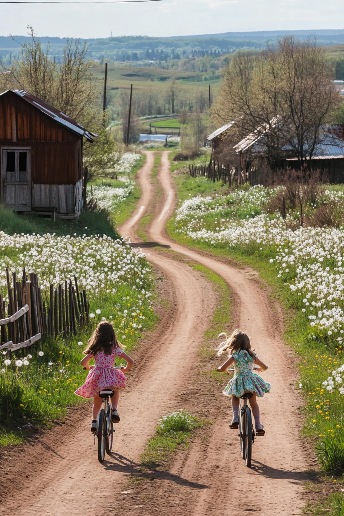 A rural dirt road in Vladimir oblast during peak spring, two girls in colorful dresses riding bicycles past freshly painted fences and wooden homes, blooming dandelions along the road, low bushes and open space, no large trees nearby, sky perfectly clear, joyous and nostalgic scene