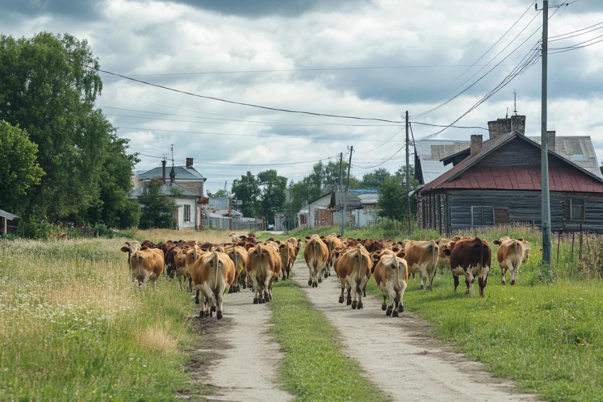 Modern Russian hinterland, modern village, a herd of cows on the streets in the square of the administration has grass from lawns