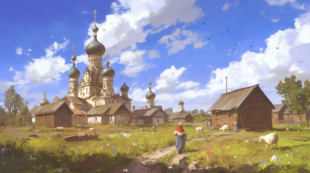 Russian hinterland, old Rus, peasants, church, old dilapidated houses, artistic style, clouds, sunny day, ultrareal graphics, artistic style