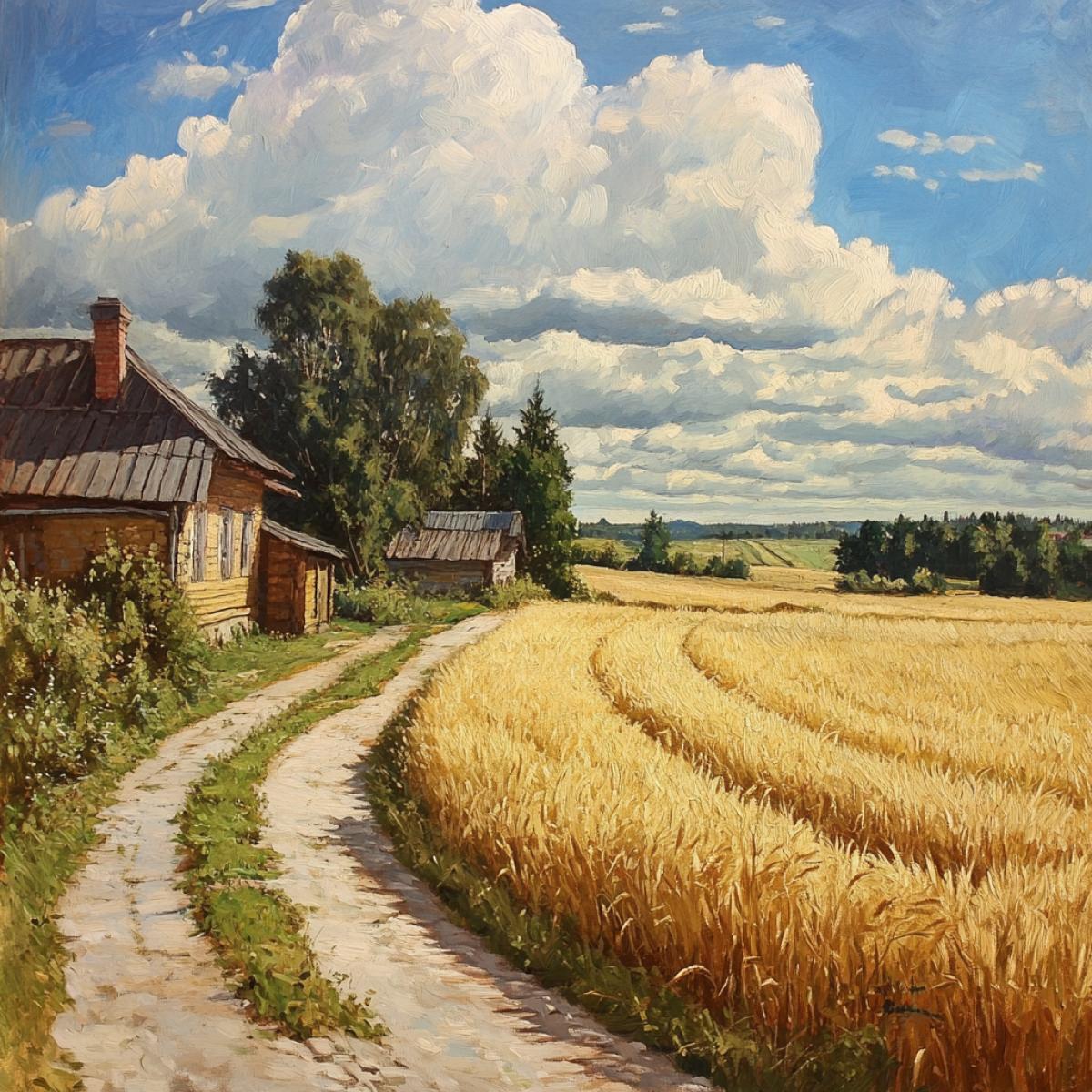 Russian village. The streets of the house. Well. Wheat field