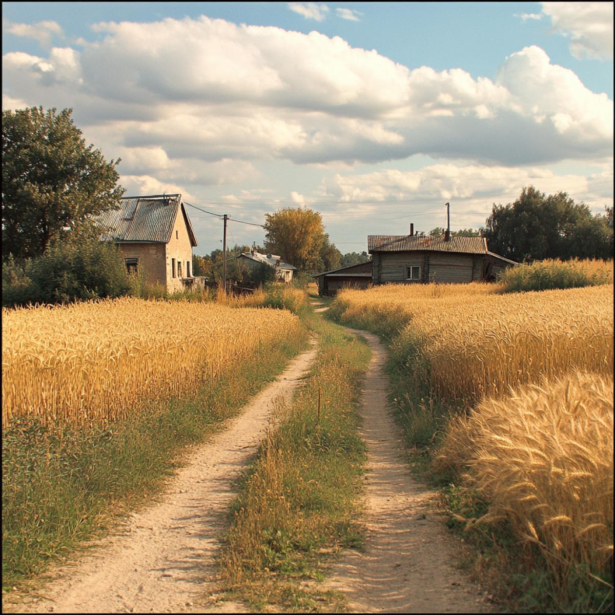 Russian village. The streets of the house. Well. Wheat field