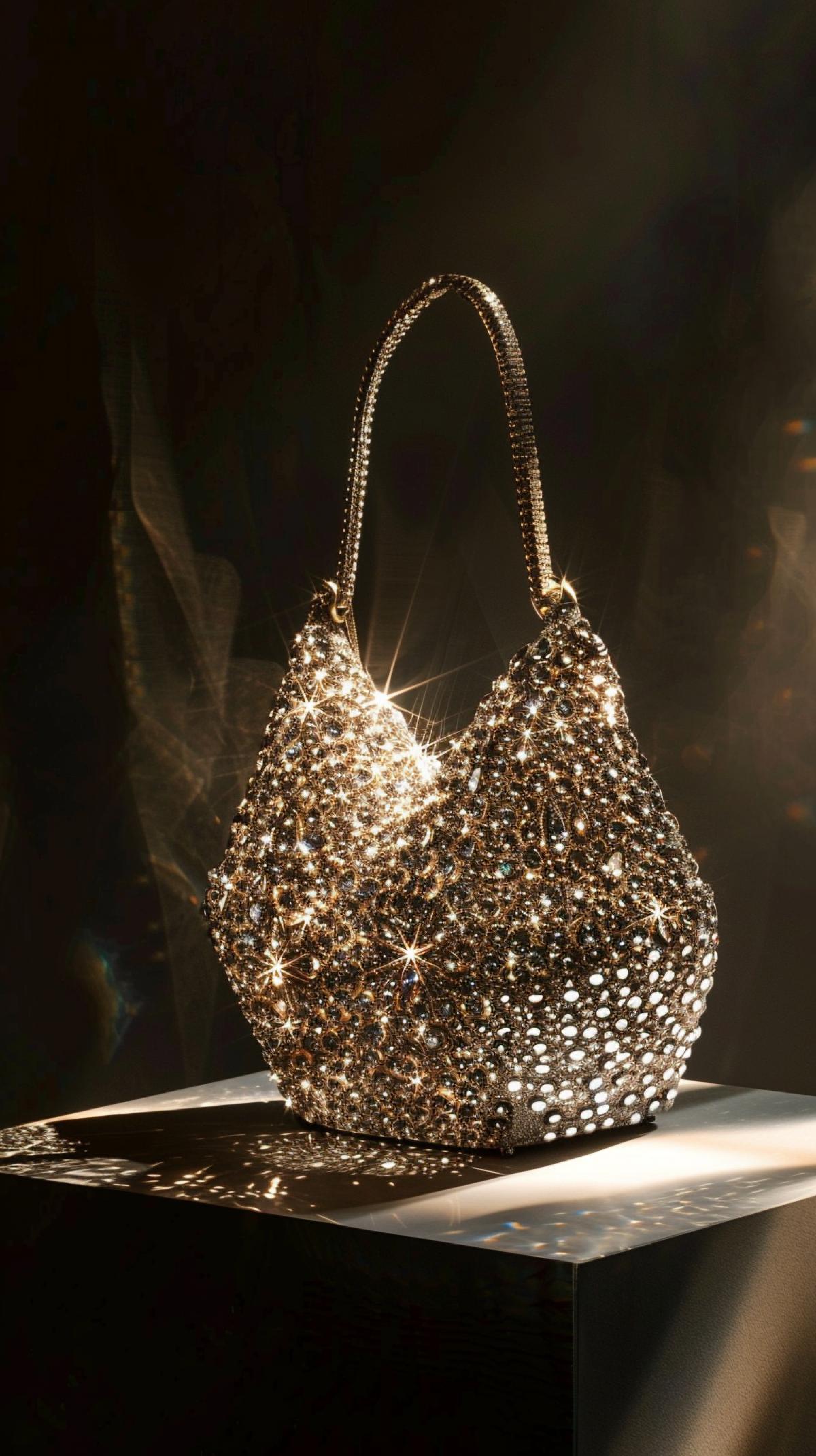 A designer womens bag in the form of a diamond covered by all overflowing rhinestones stands on the podium in the light of sophists, photography from the presentation of the new collection