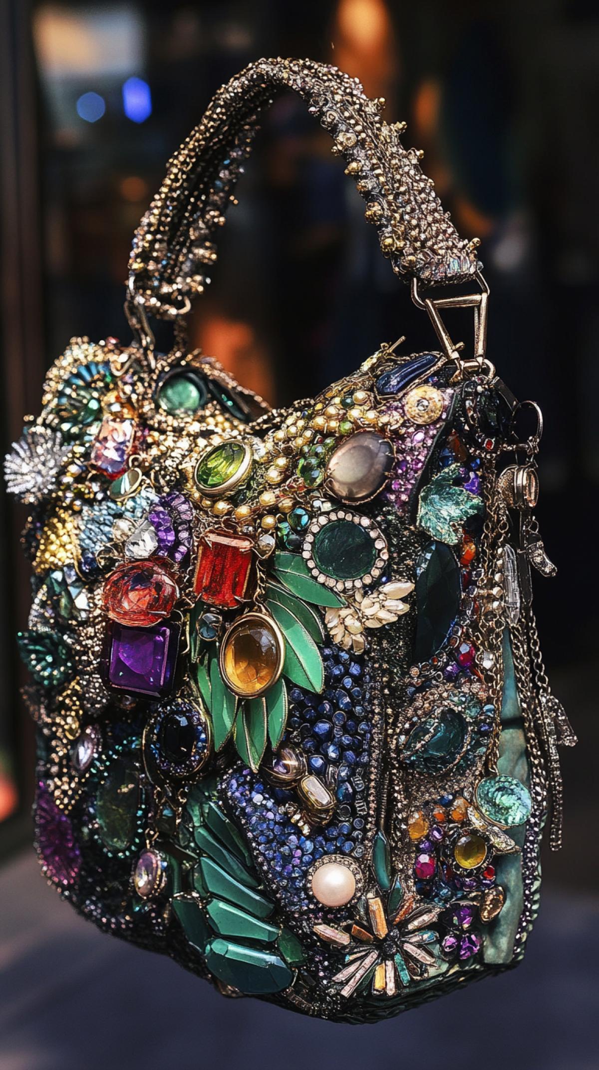 Create an unusual bag with a variety of jewelry and an unusual shape