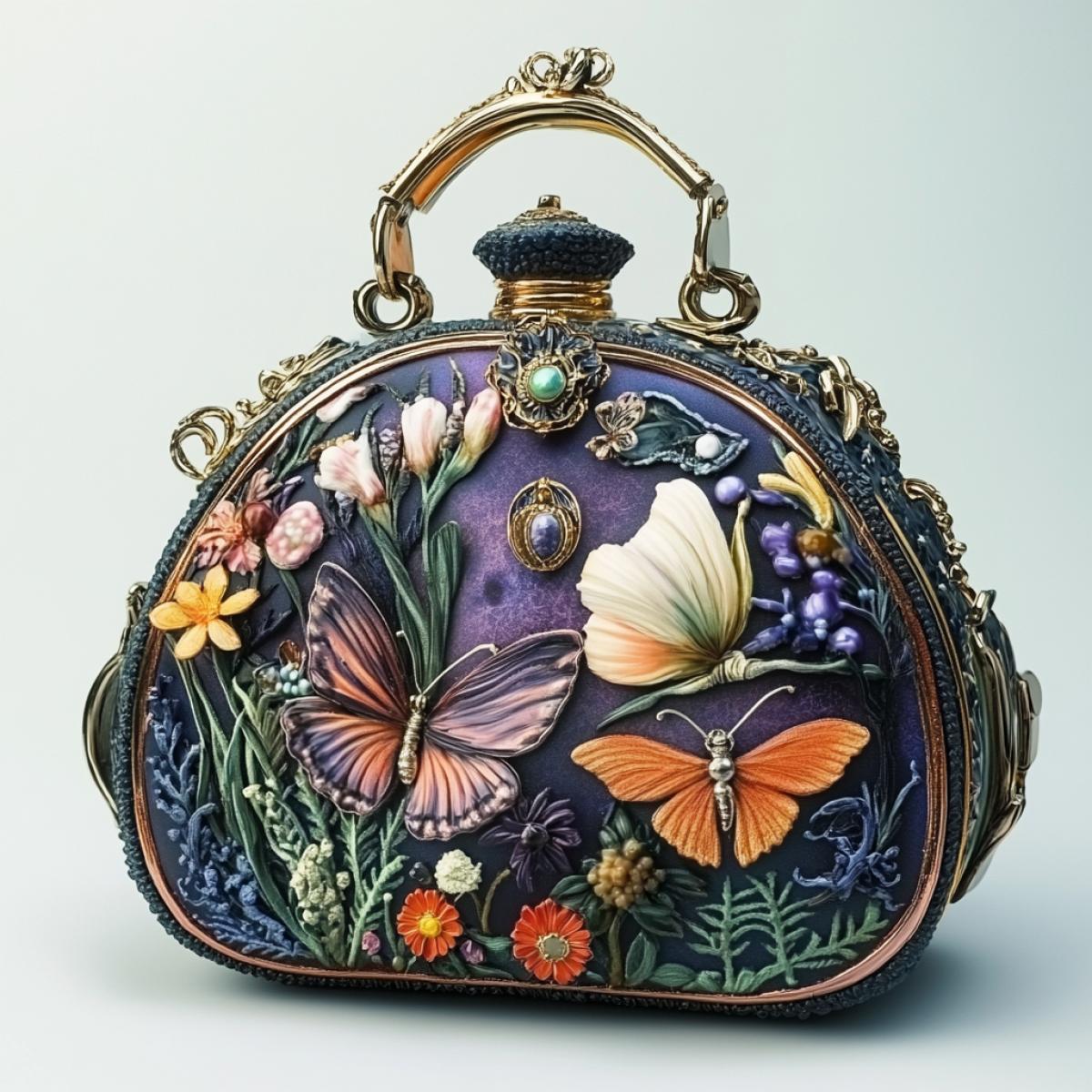 Female handbag with an unusual design within which a whole world from the cosmetics of spirits and female accessories hyperrealism